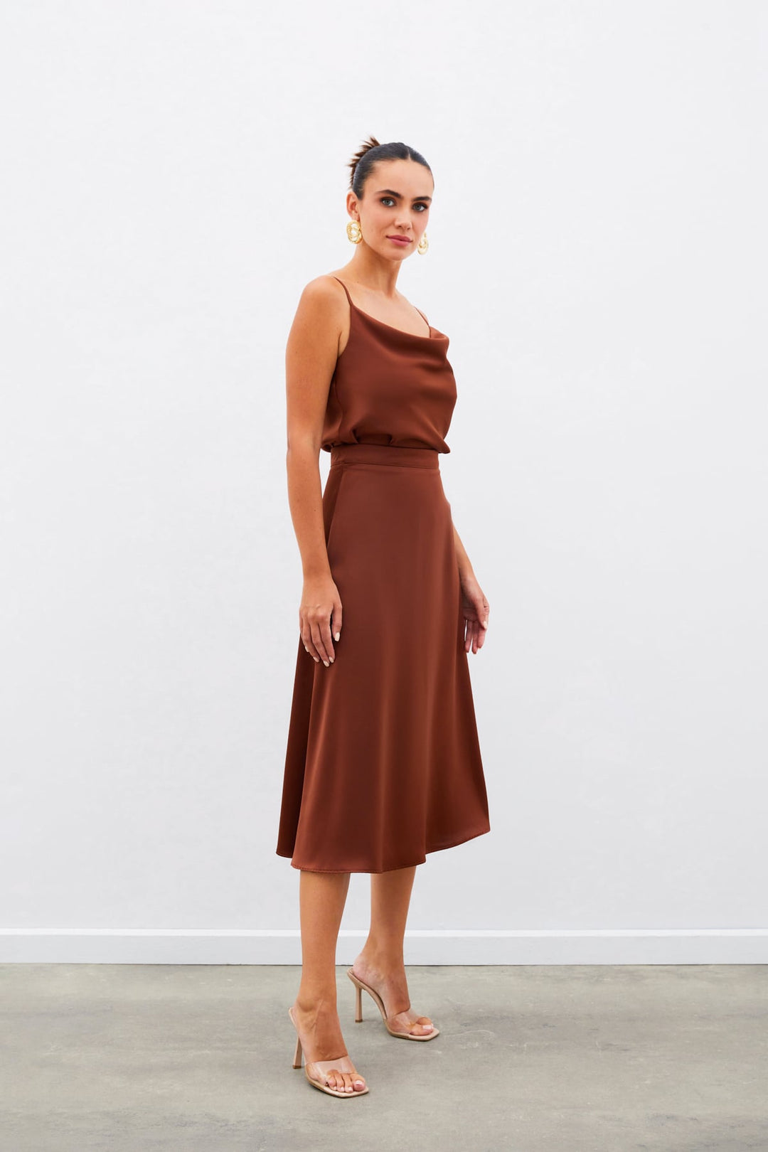 Sateen Jupe Midi en Satin - Marron
