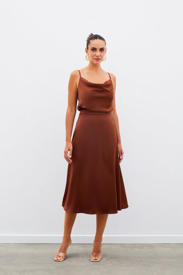 Sateen Jupe Midi en Satin - Marron