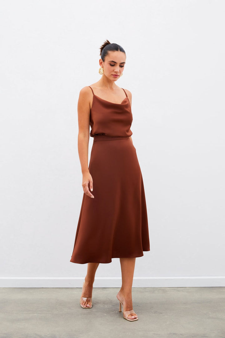 Sateen Jupe Midi en Satin - Marron