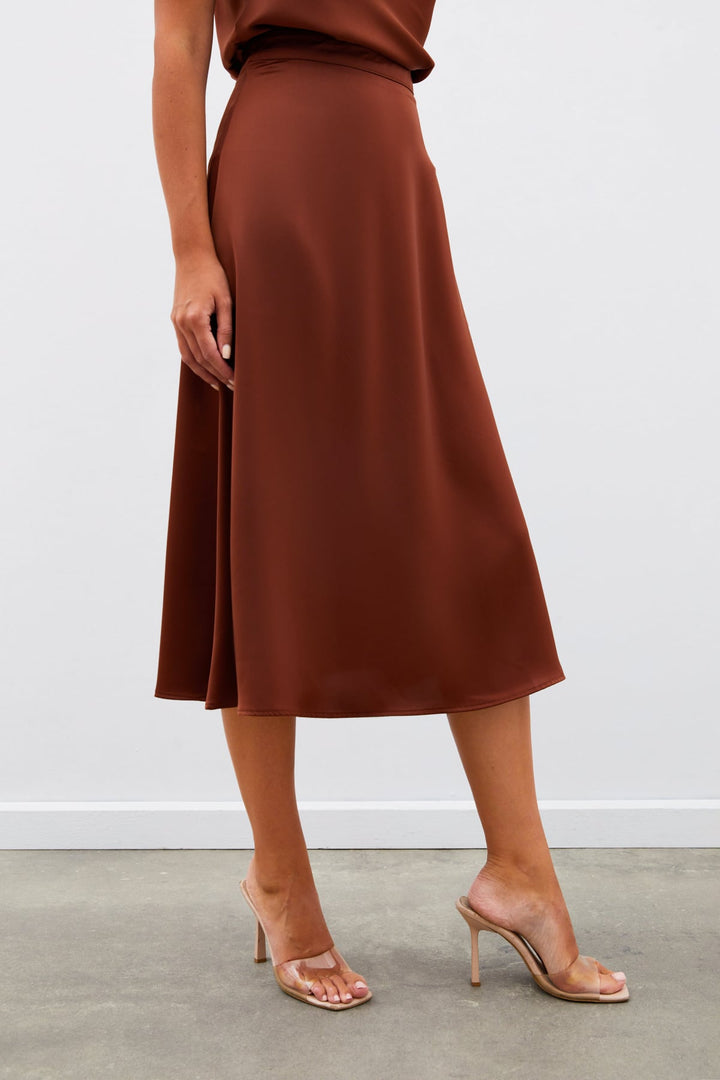 Sateen Jupe Midi en Satin - Marron