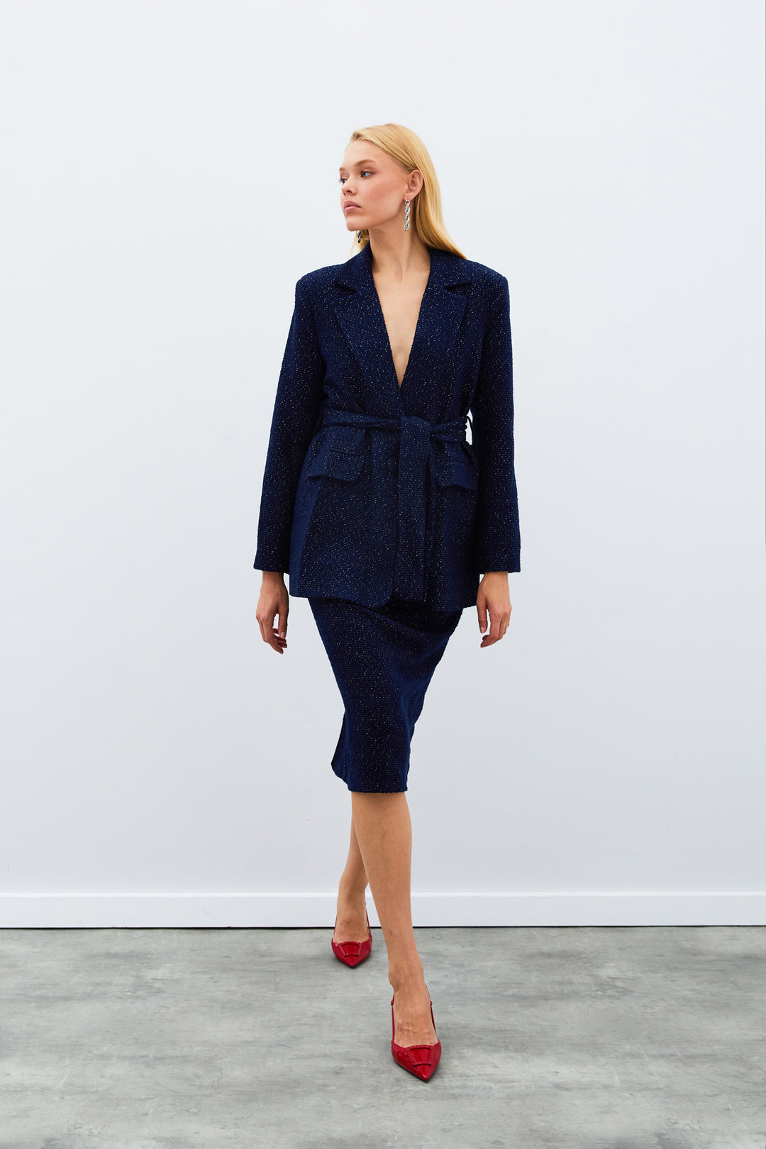 Sateen Jupe Midi en Tweed - Bleu marine