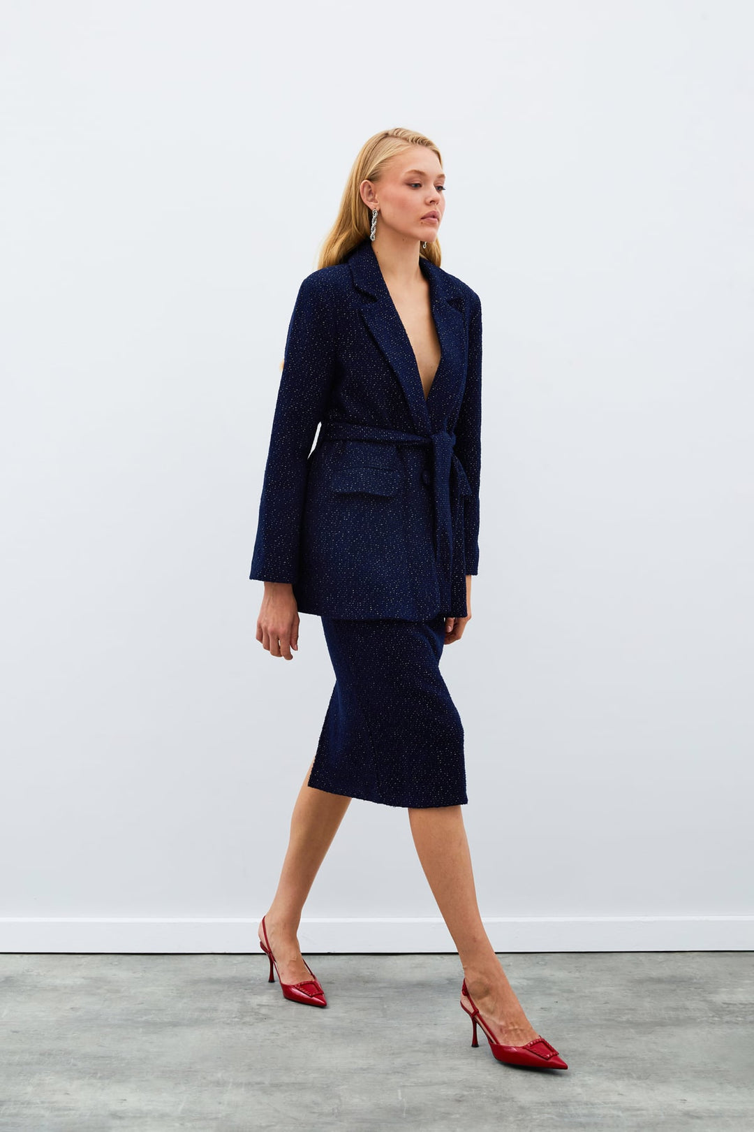 Sateen Jupe Midi en Tweed - Bleu marine