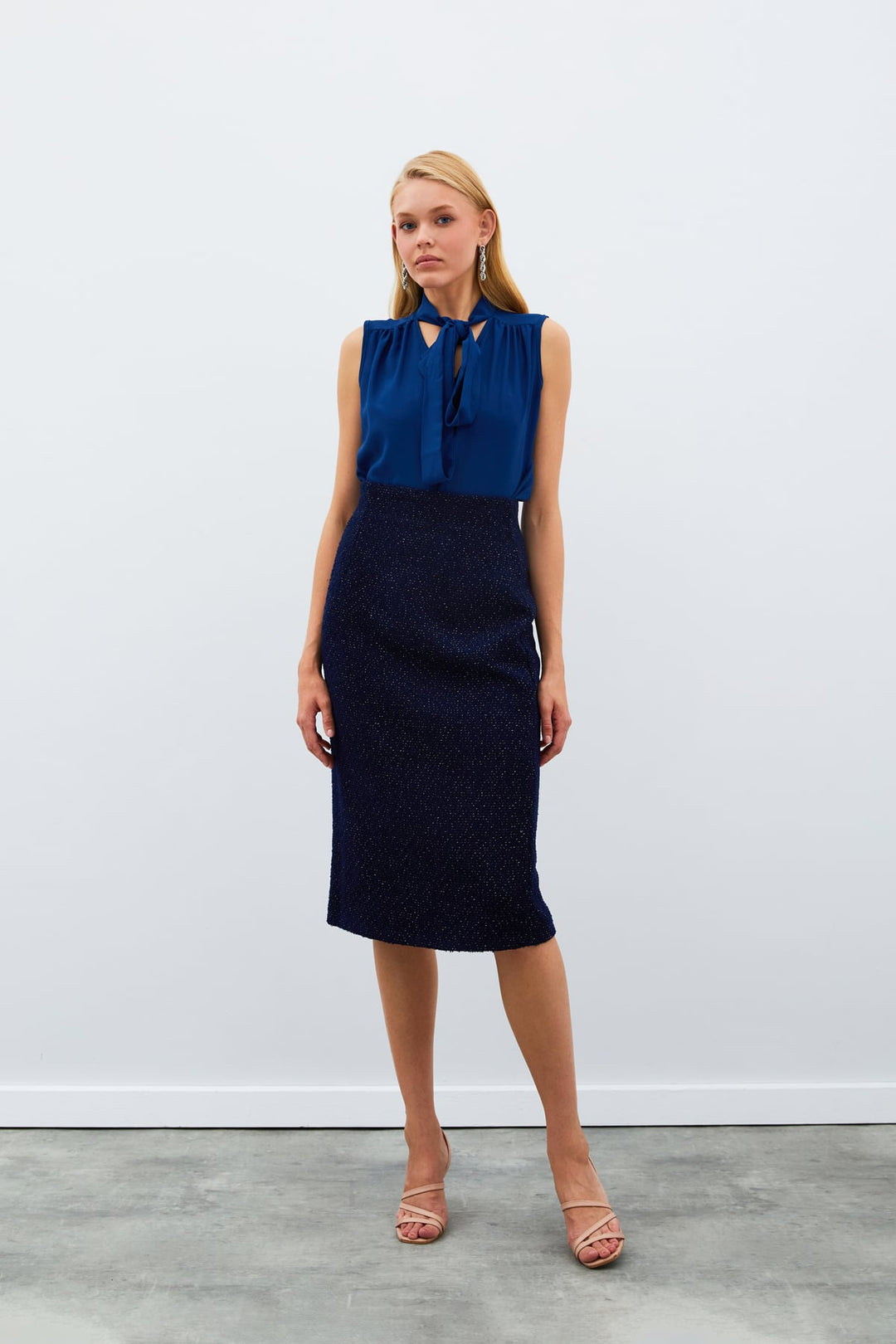 Sateen Jupe Midi en Tweed - Bleu marine