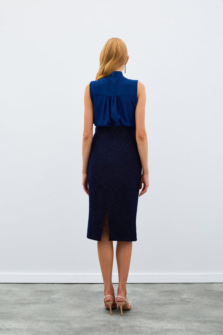 Sateen Jupe Midi en Tweed - Bleu marine
