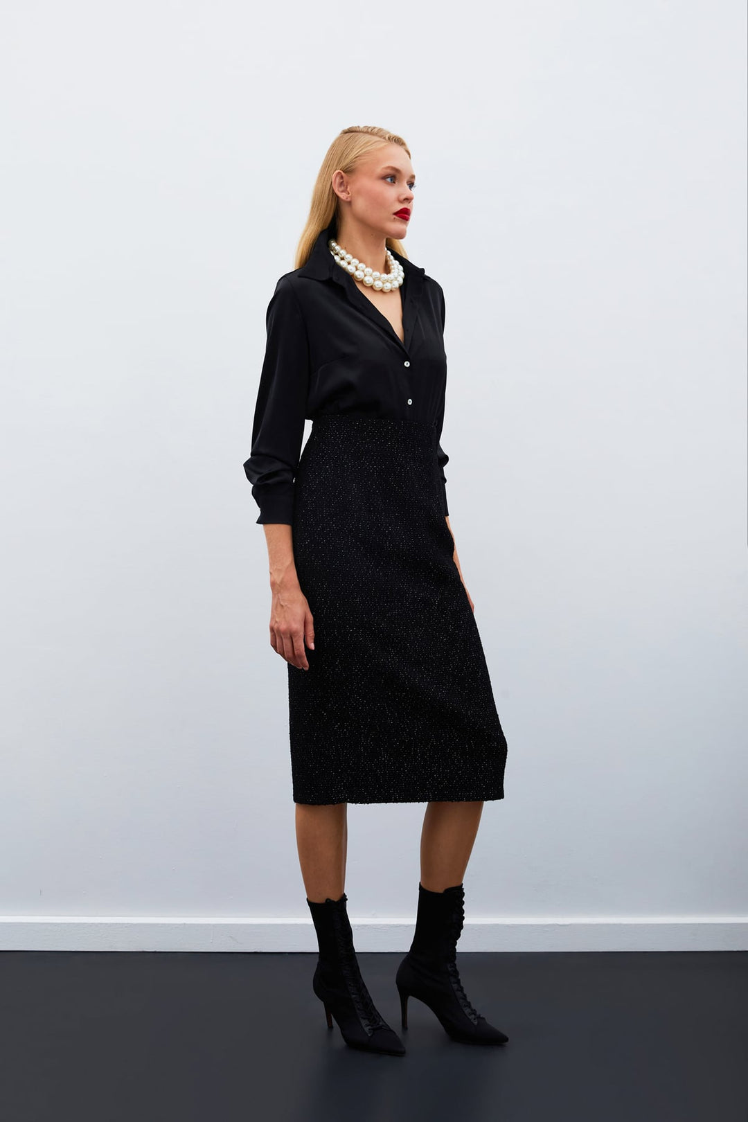 Sateen Jupe Midi en Tweed - Noir