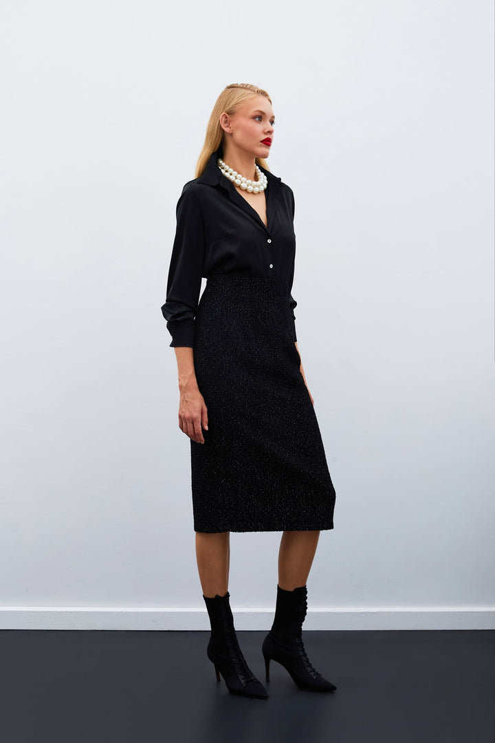 Sateen Jupe Midi en Tweed - Noir