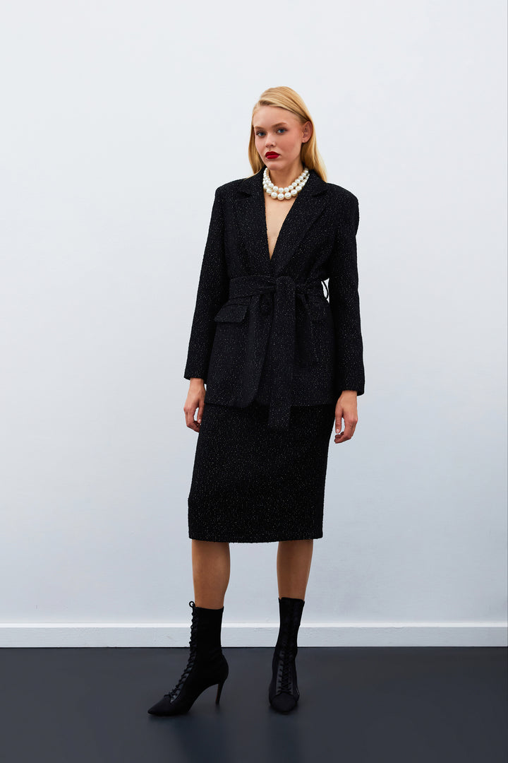 Sateen Jupe Midi en Tweed - Noir