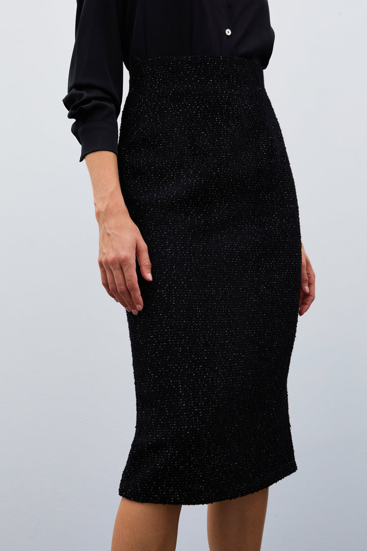 Sateen Jupe Midi en Tweed - Noir