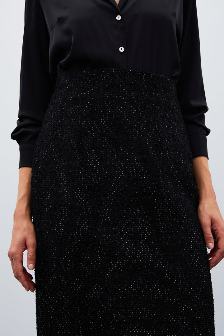 Sateen Jupe Midi en Tweed - Noir
