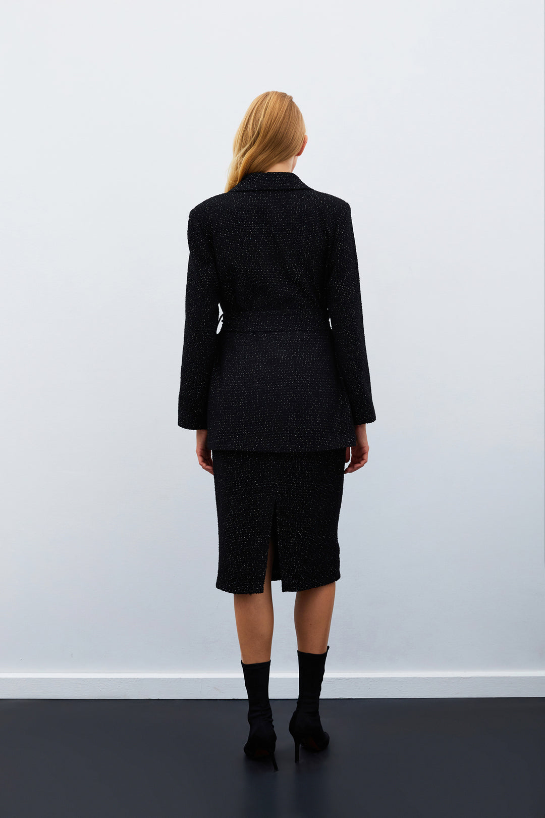 Sateen Jupe Midi en Tweed - Noir