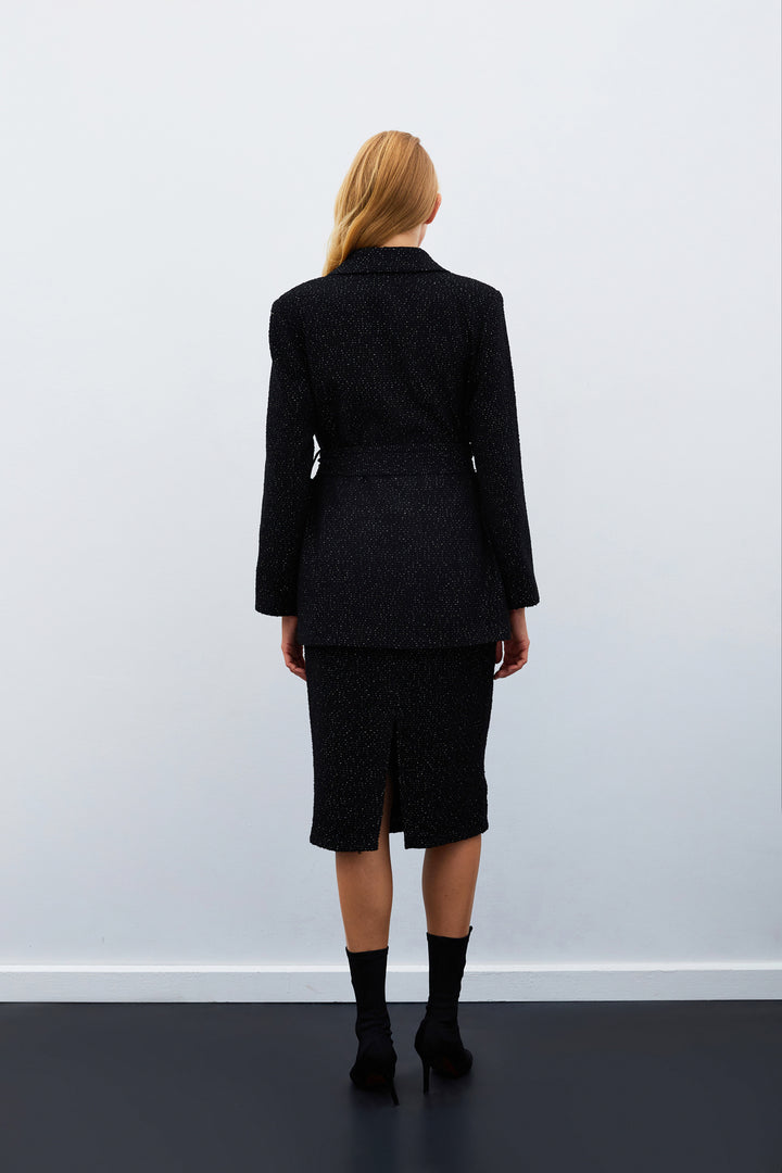 Sateen Jupe Midi en Tweed - Noir
