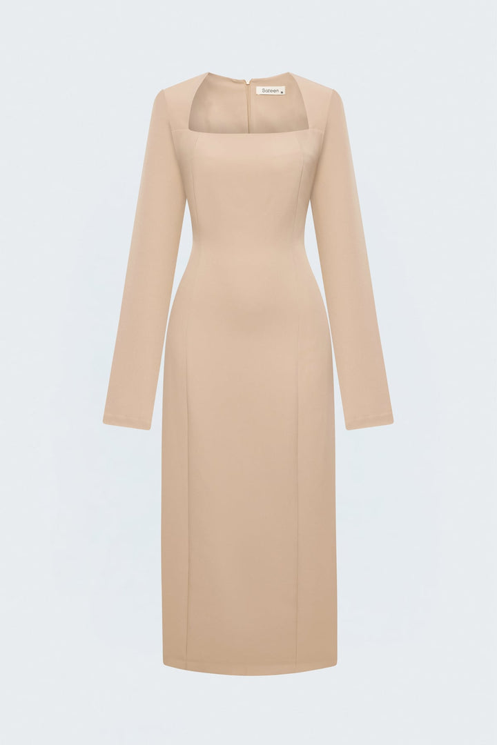 Sateen Robe classique à manches longues midi - Beige
