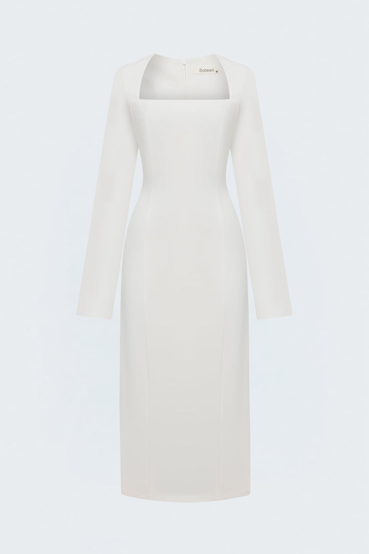 Sateen Robe classique à manches longues midi - Écru