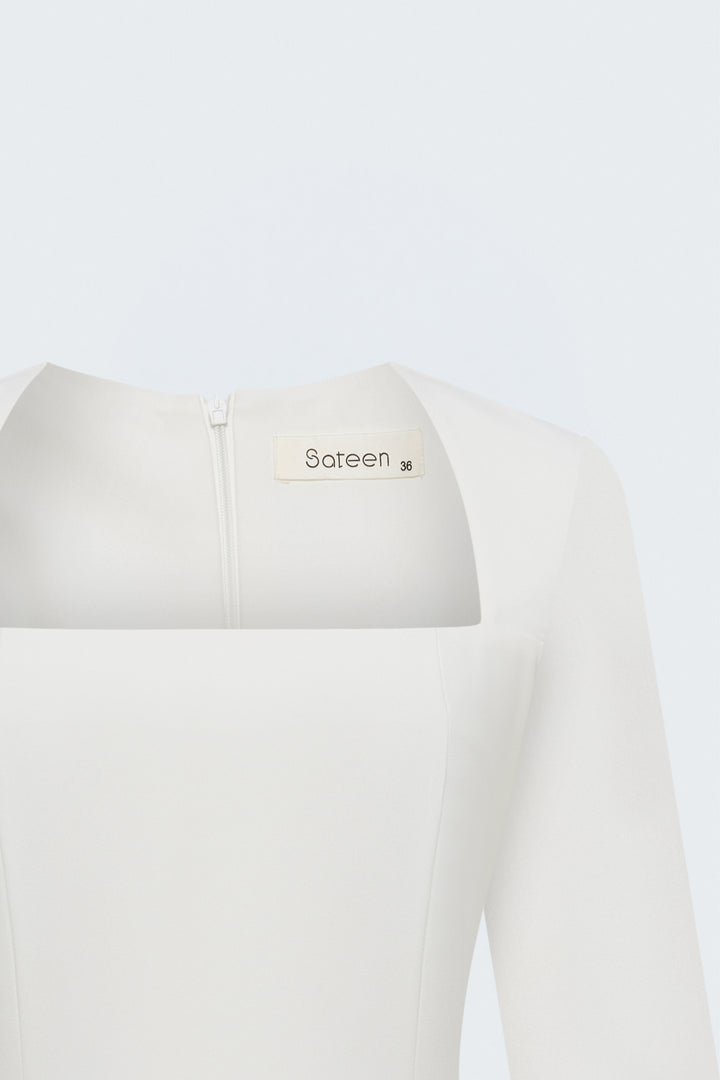Sateen Robe classique à manches longues midi - Écru