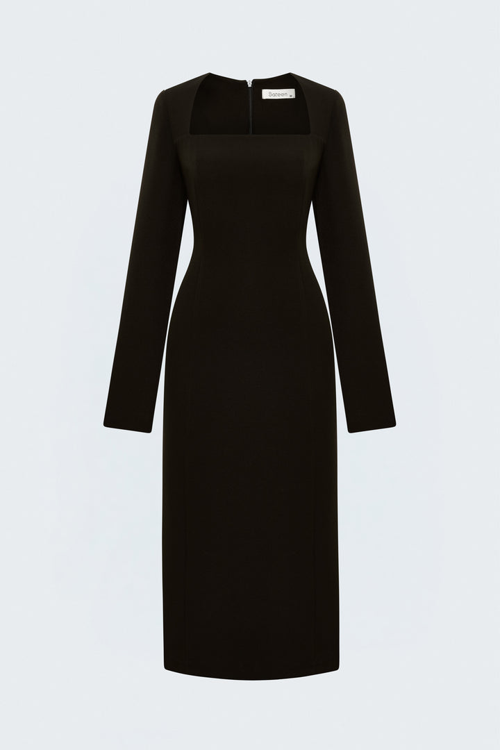 Sateen Robe classique à manches longues midi - Marron