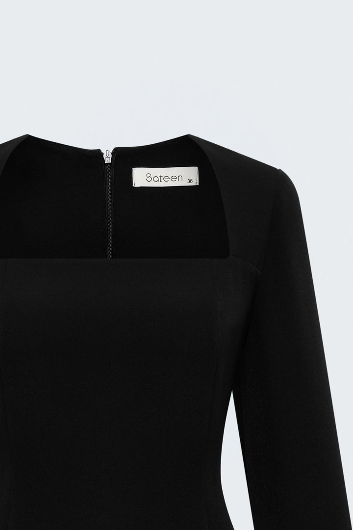 Sateen Robe classique à manches longues midi - Noir