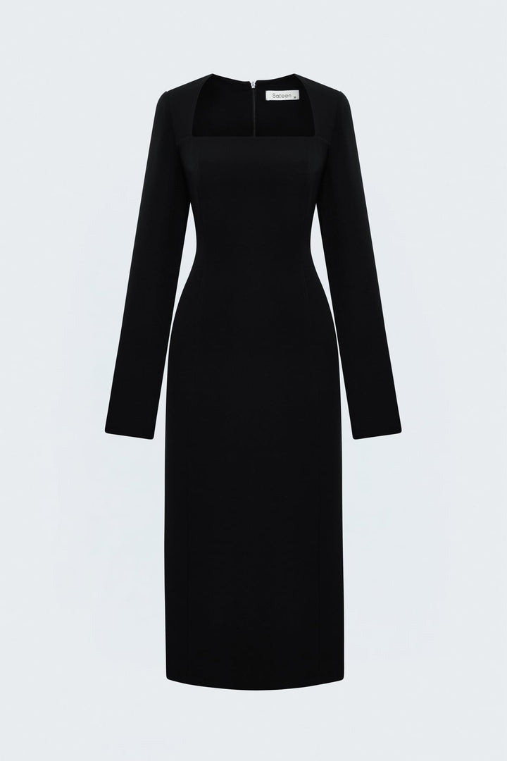 Sateen Robe classique à manches longues midi - Noir