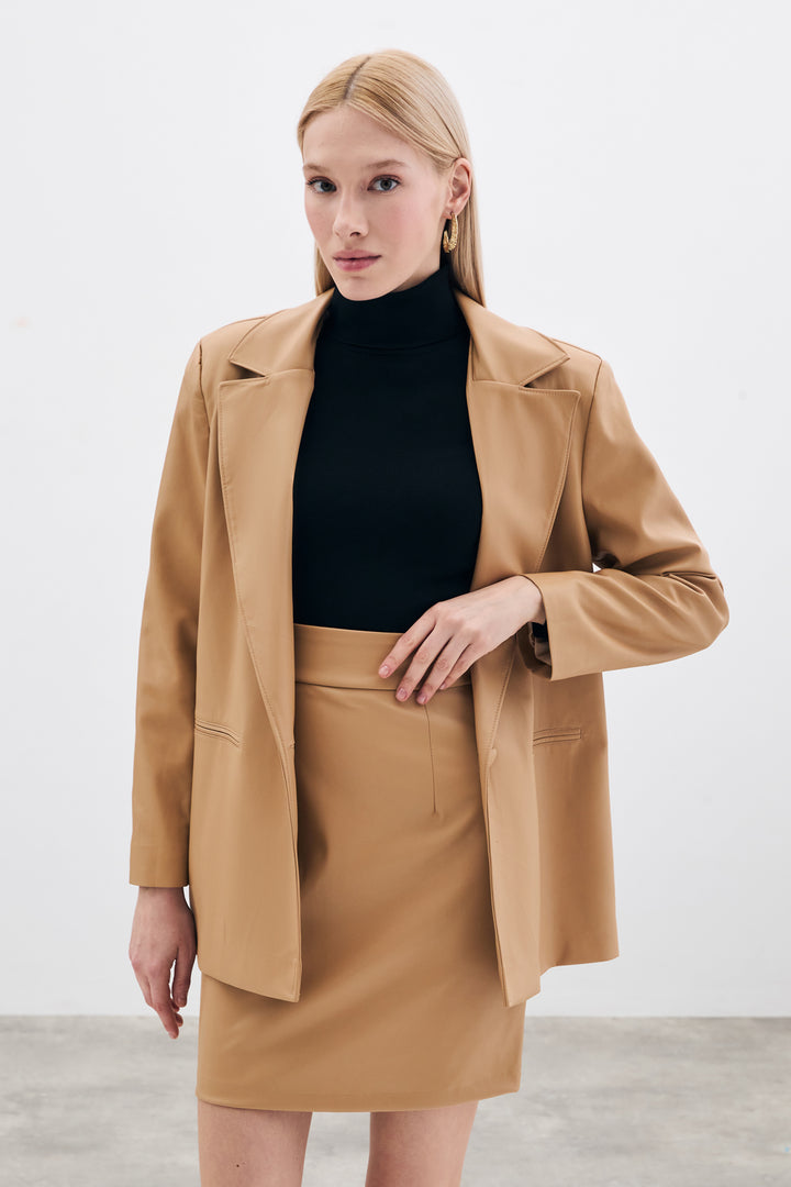 Sateen Jupe en Cuir Mini - Beige