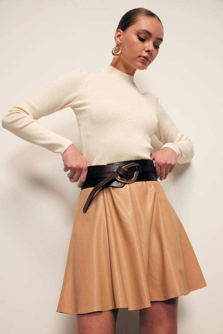 Sateen Jupe en cuir mini - camel