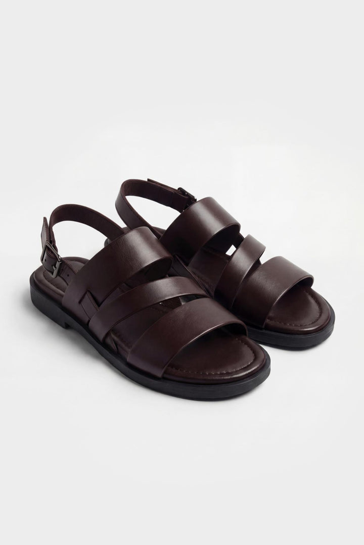 Giesto Sandales en cuir marron à plusieurs bandes minimalistes - Tabac