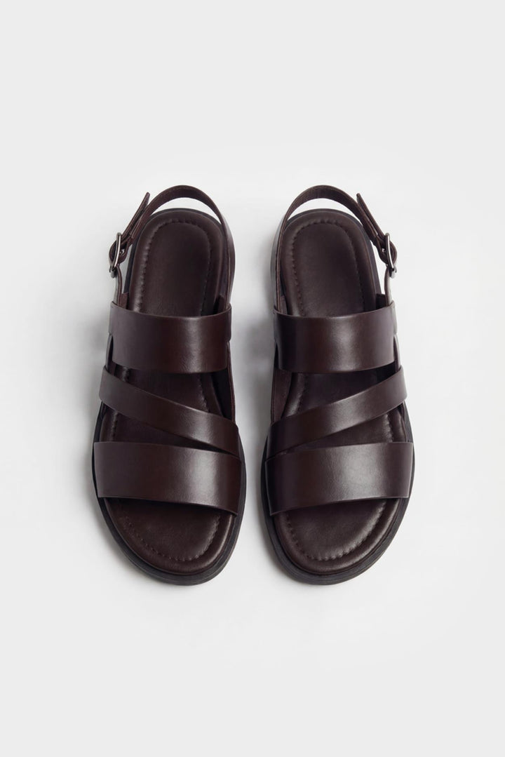 Giesto Sandales en cuir marron à plusieurs bandes minimalistes - Tabac