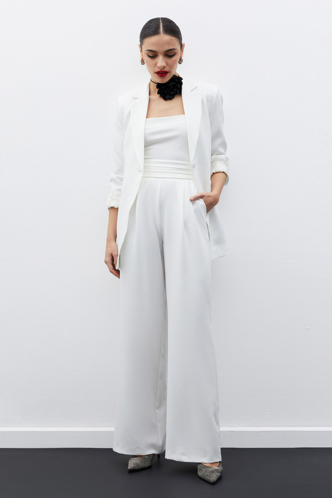 Sateen Veste classique à col mono - Écru