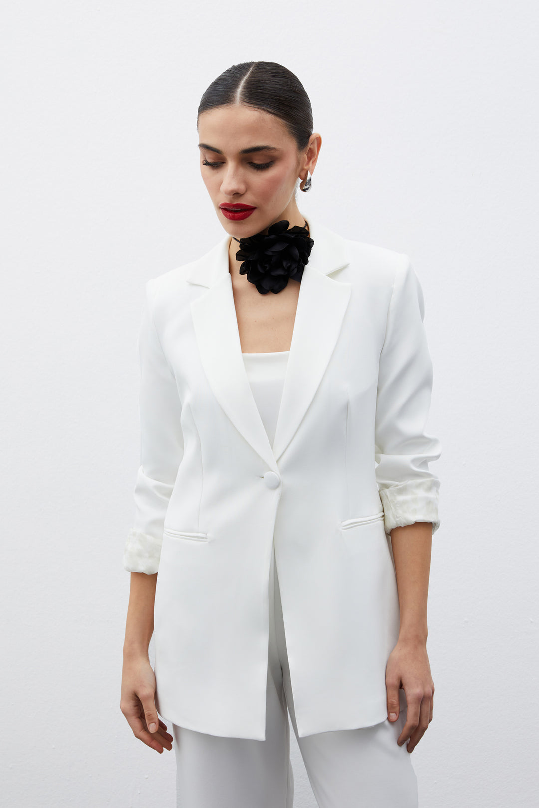Sateen Veste classique à col mono - Écru