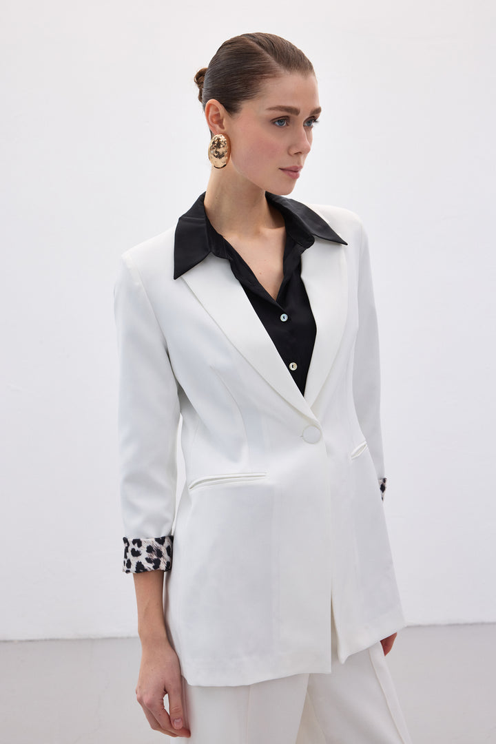 Sateen Veste Classique Col Mono - Écru-Noir