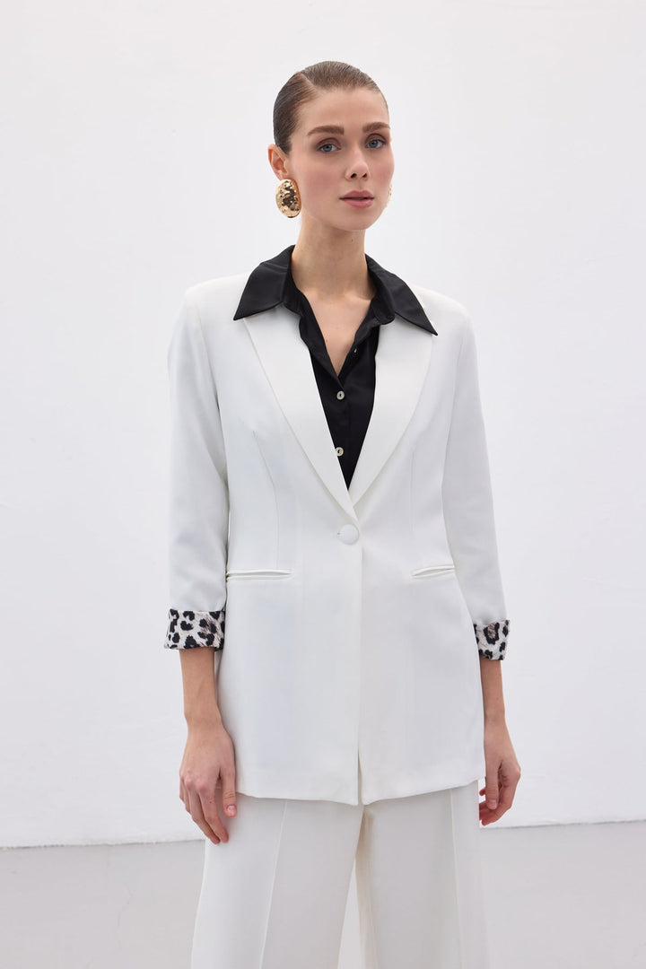 Sateen Veste Classique Col Mono - Écru-Noir