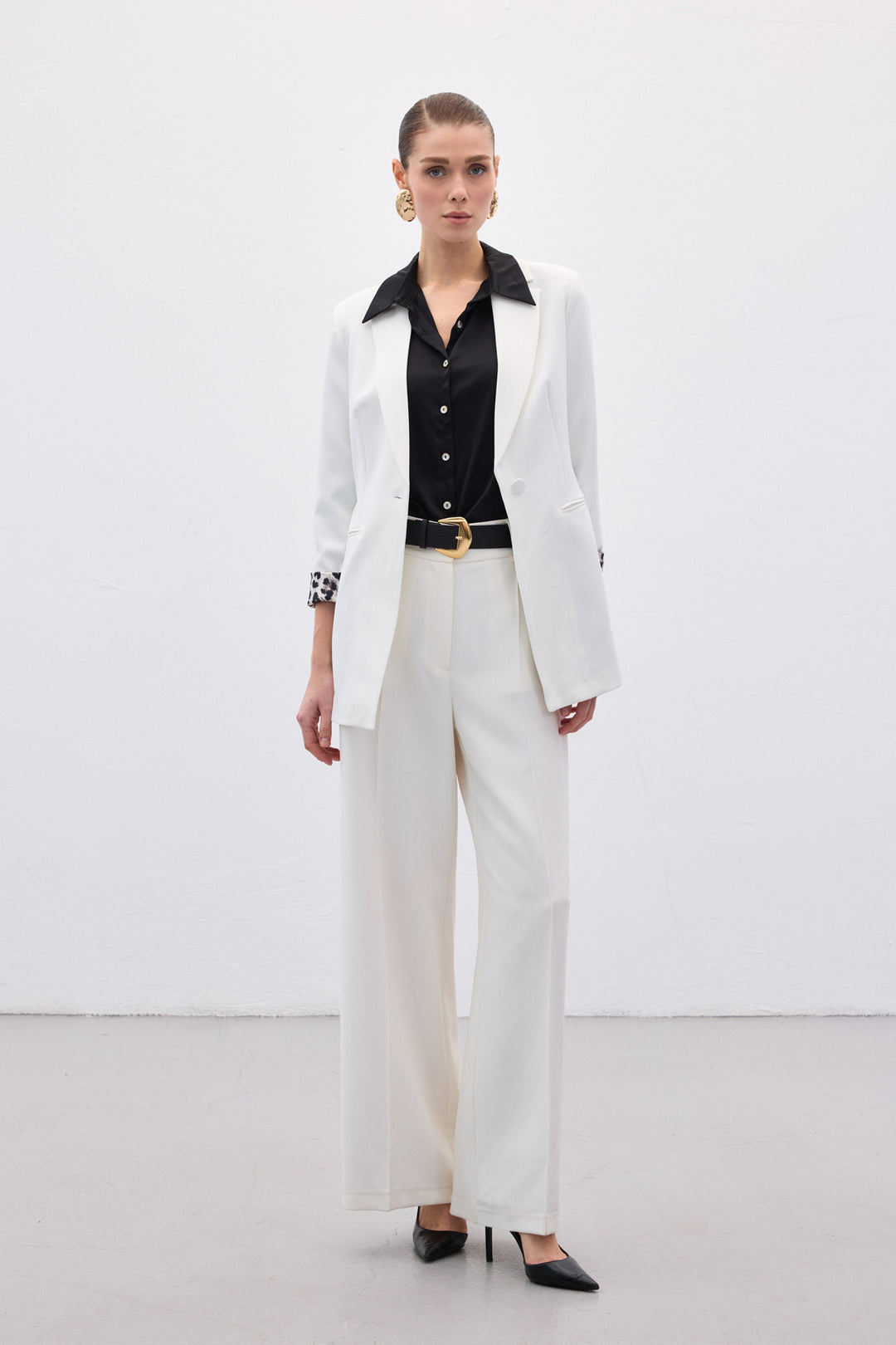 Sateen Veste Classique Col Mono - Écru-Noir