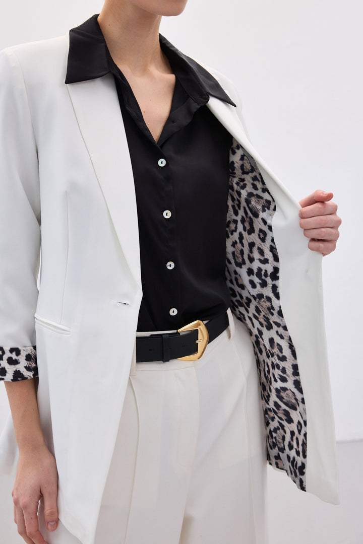 Sateen Veste Classique Col Mono - Écru-Noir