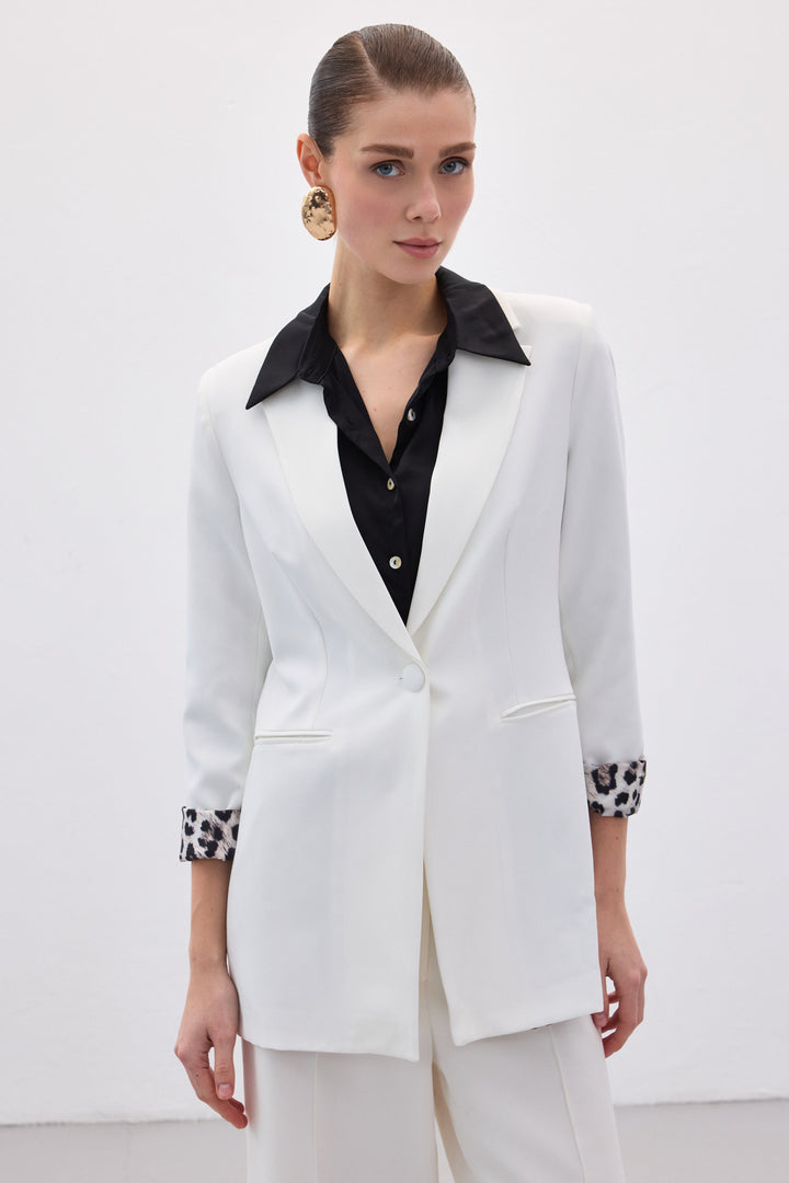Sateen Veste Classique Col Mono - Écru-Noir