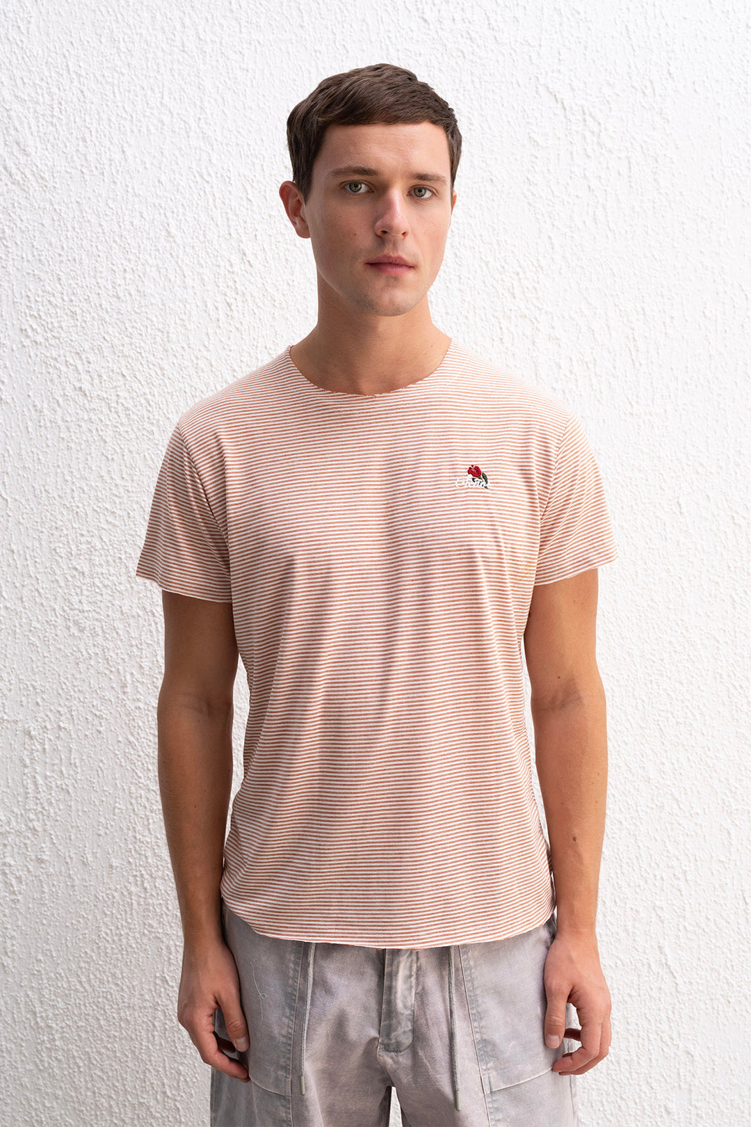 Giesto T-shirt terracotta à rayures avec détails de broderie - Brique