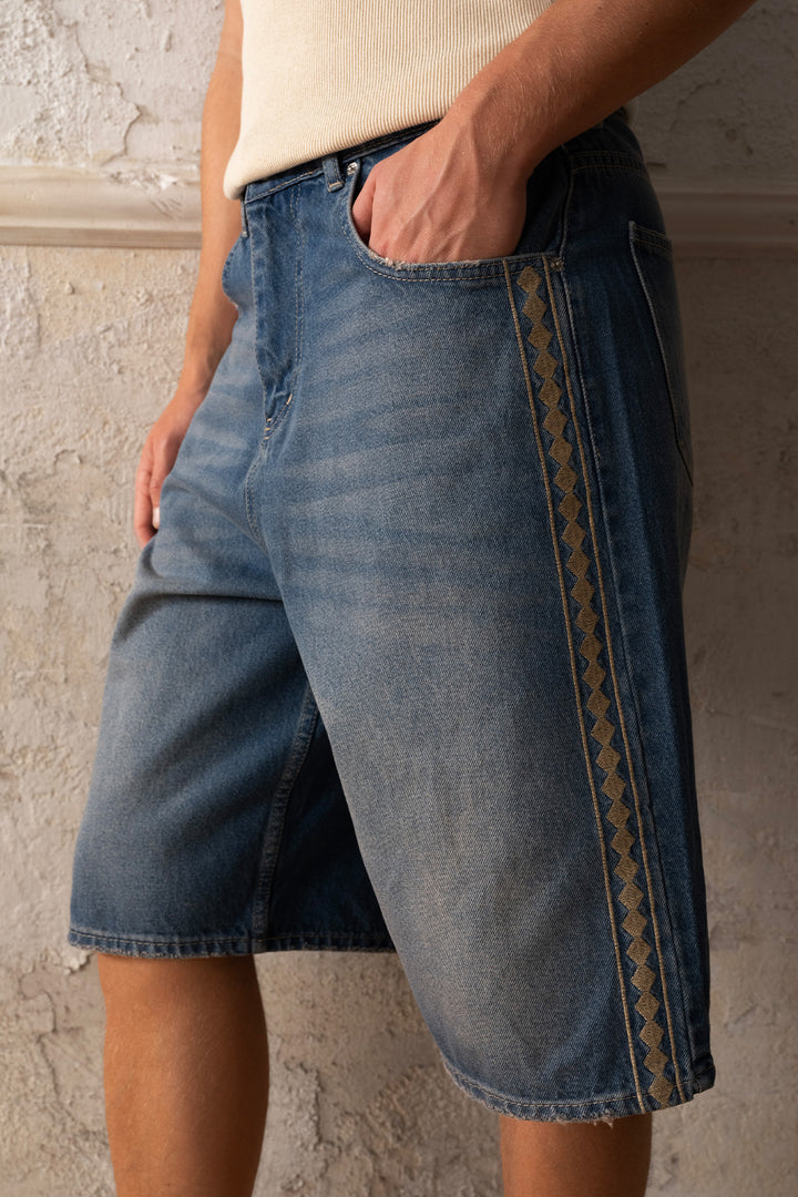 Giesto Short Jean Bleu à Détails Brodés - Bleu