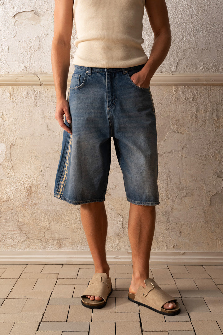 Giesto Short Jean Bleu à Détails Brodés - Bleu