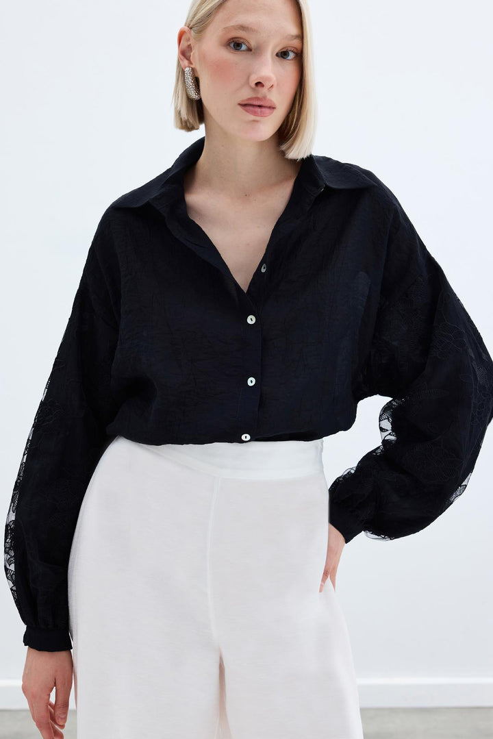 Sateen Chemise Kras avec Détails de Broderie - Noir