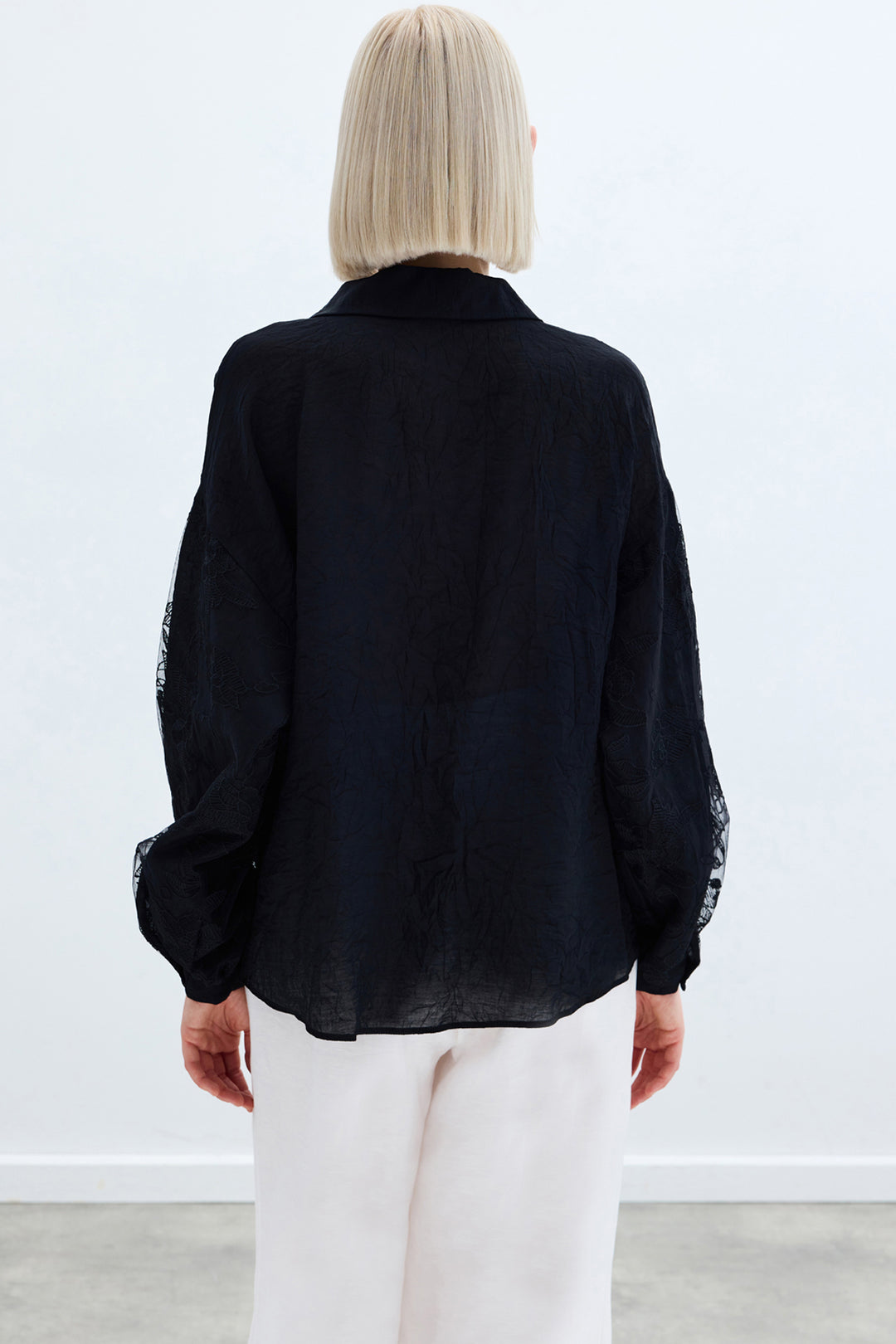 Sateen Chemise Kras avec Détails de Broderie - Noir