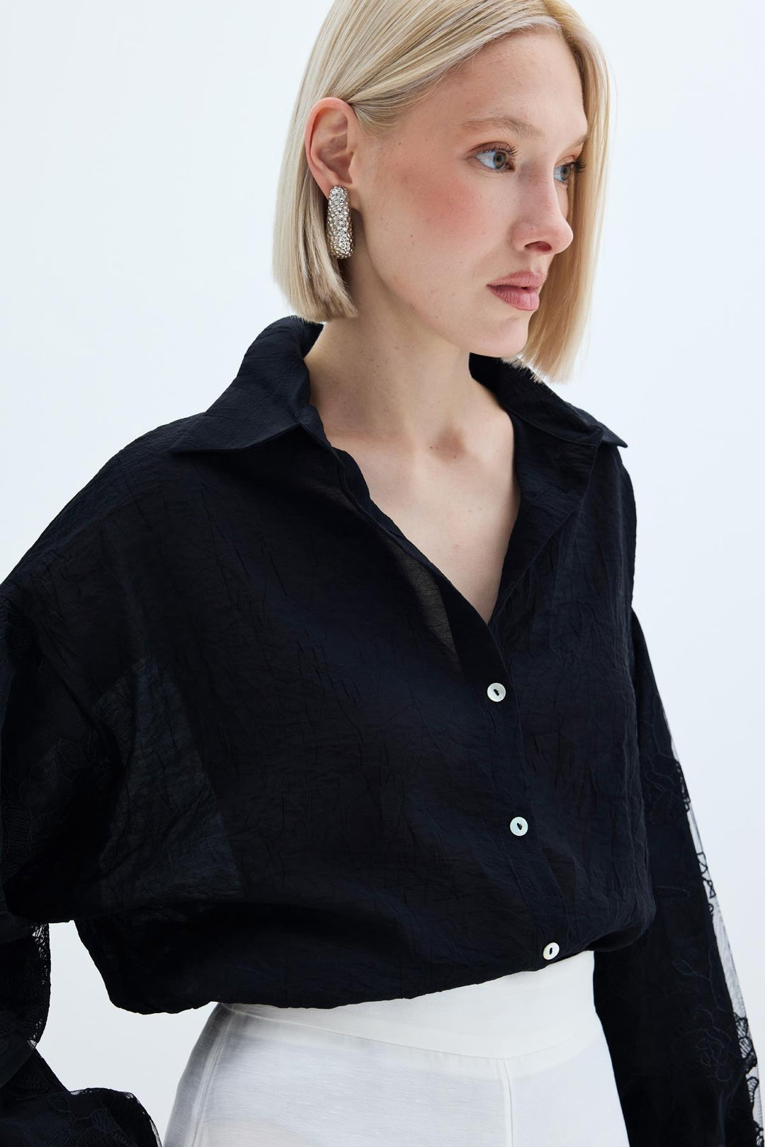 Sateen Chemise Kras avec Détails de Broderie - Noir