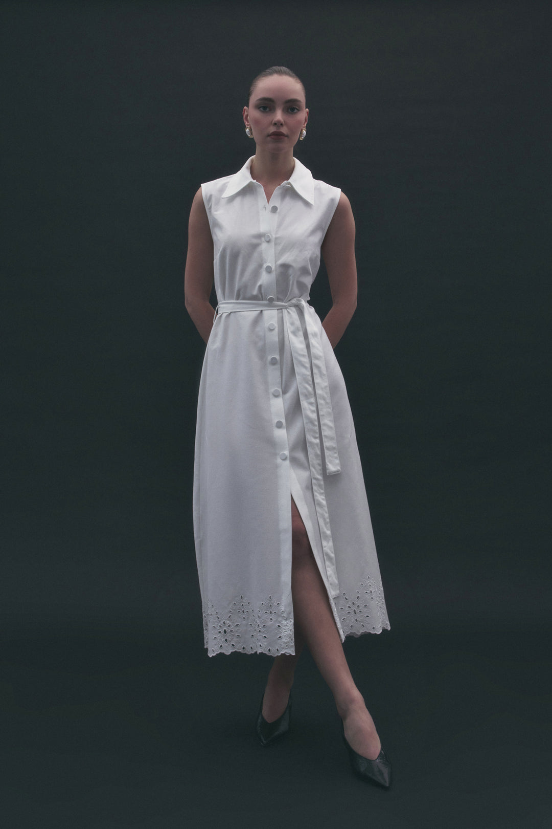 Sateen Robe Longue à Détail Broderie - Écru