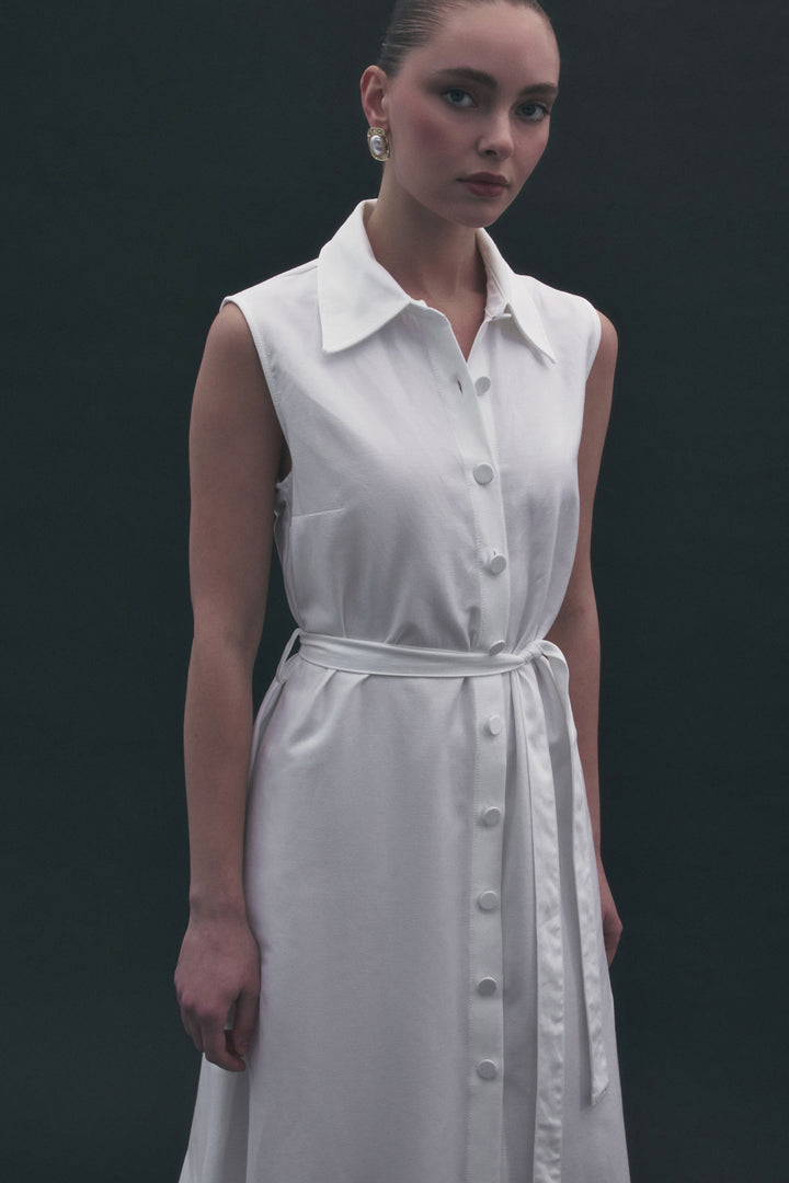 Sateen Robe Longue à Détail Broderie - Écru