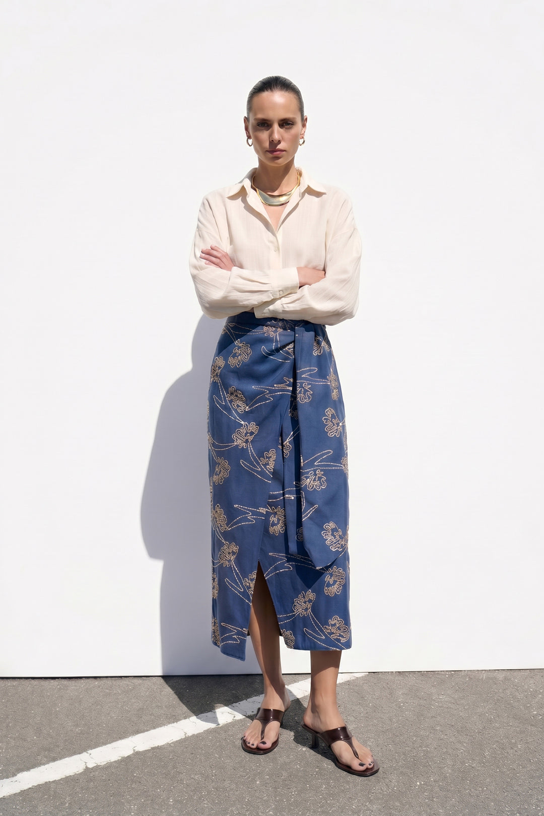 Sateen Jupe longue avec détails brodés - Indigo