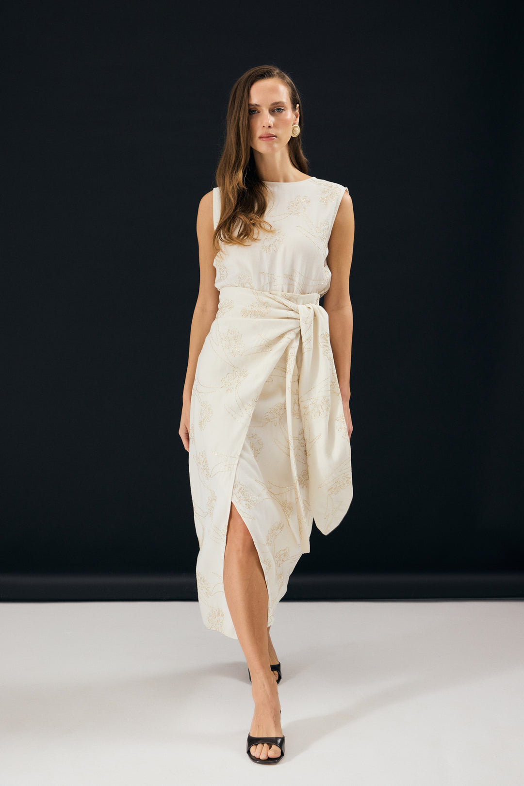 Sateen Jupe Longue avec Détails de Broderie - Pierre