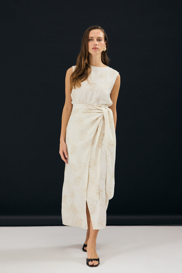 Sateen Jupe Longue avec Détails de Broderie - Pierre