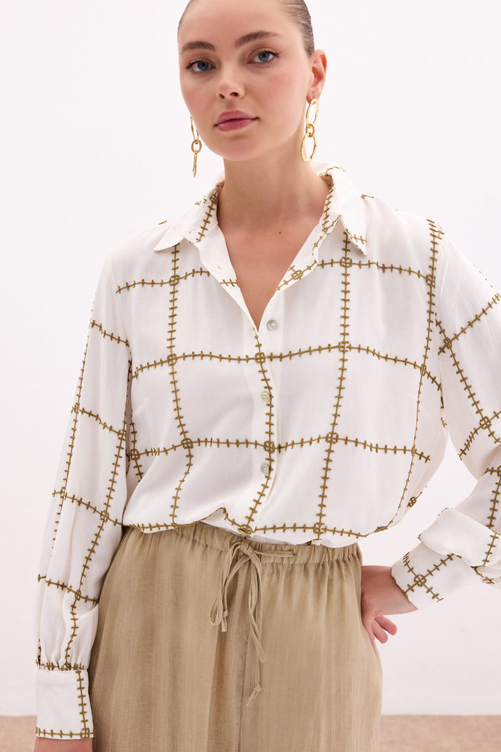 Sateen Chemise en viscose avec détails brodés - Kaki