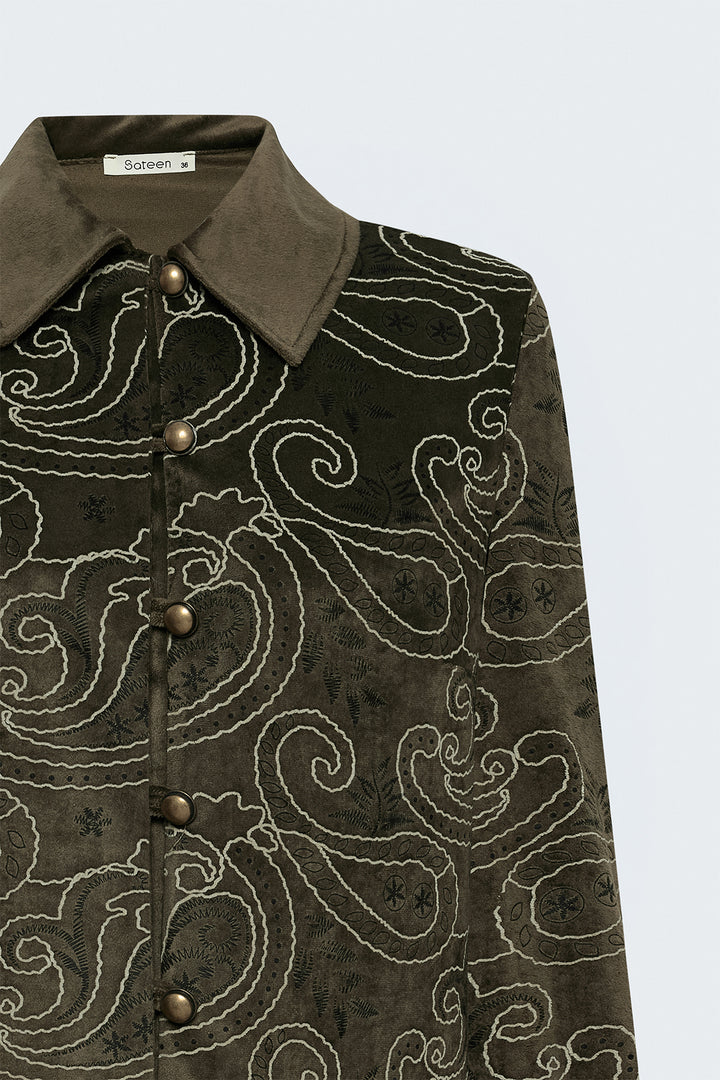 Sateen Chemise en Suède à Apparence Brodée - Kaki