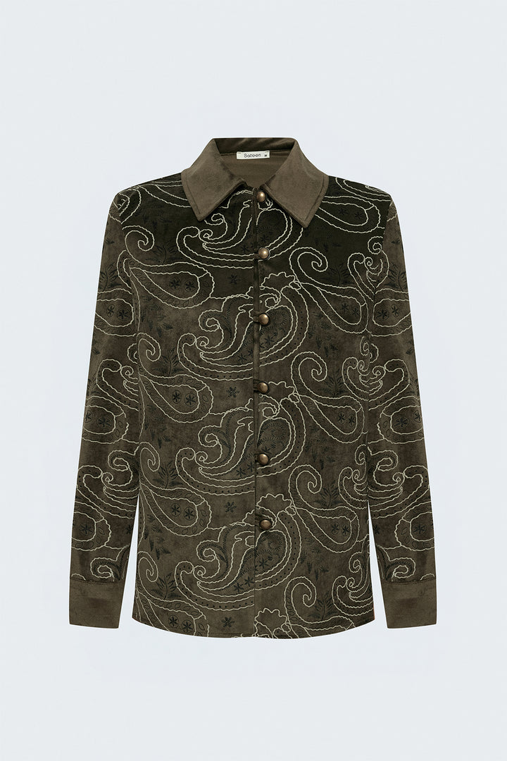 Sateen Chemise en Suède à Apparence Brodée - Kaki