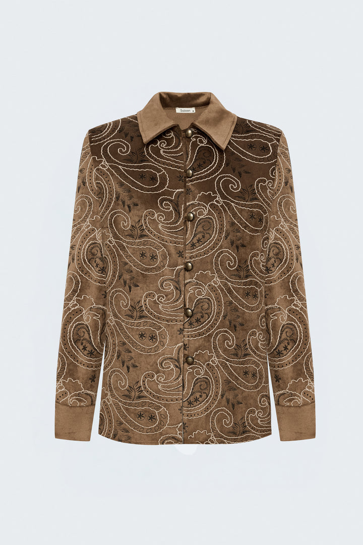 Sateen Chemise en Suède à Apparence Brodée - Marron