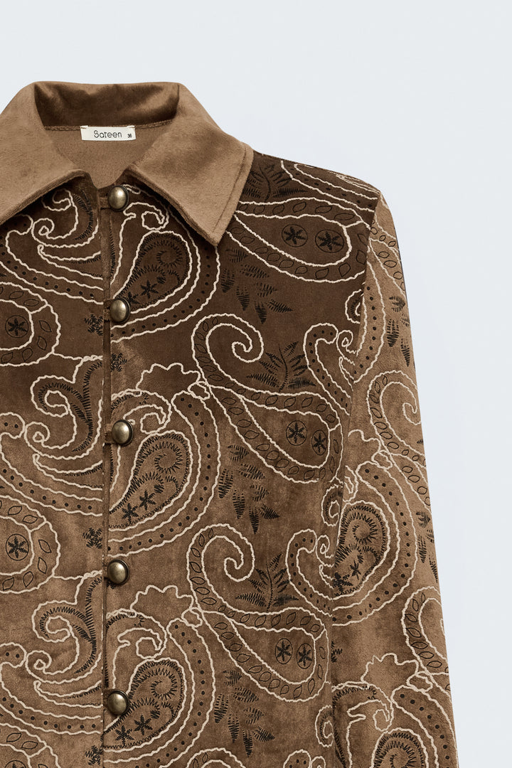 Sateen Chemise en Suède à Apparence Brodée - Marron