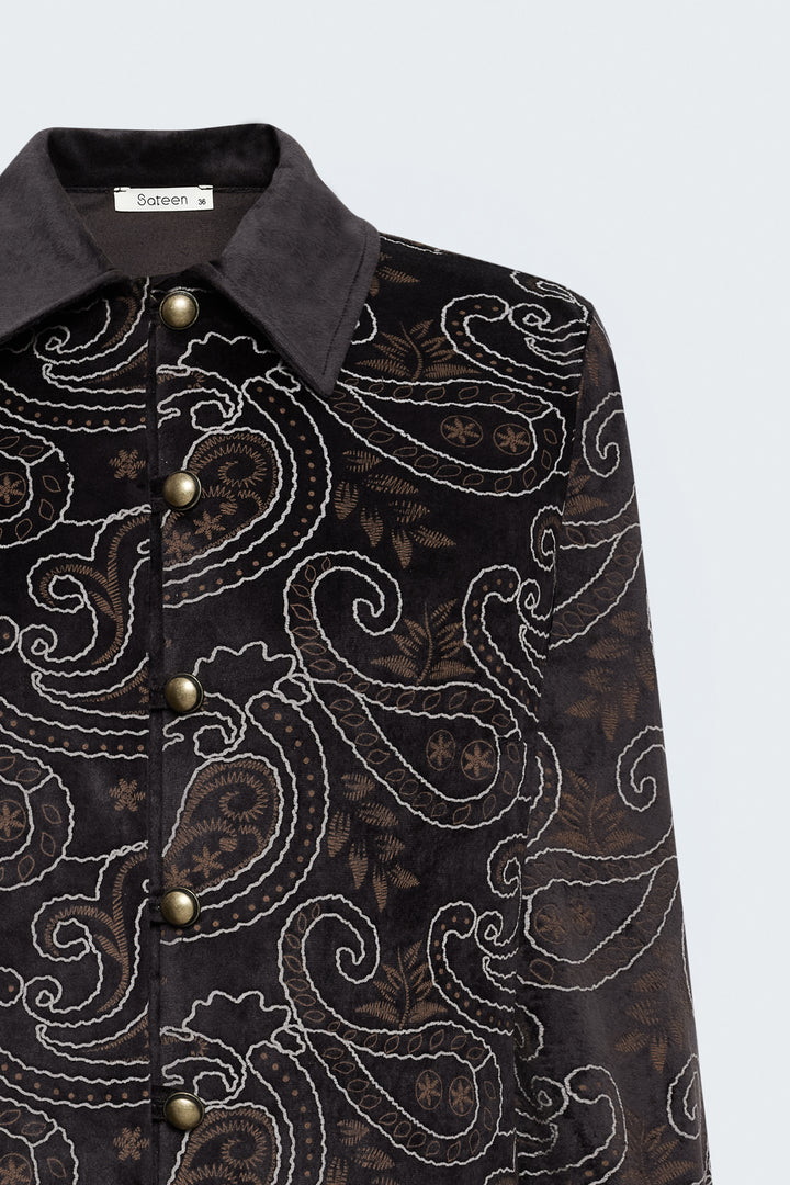 Sateen Chemise en Suède à Apparence Brodée - Marron foncé