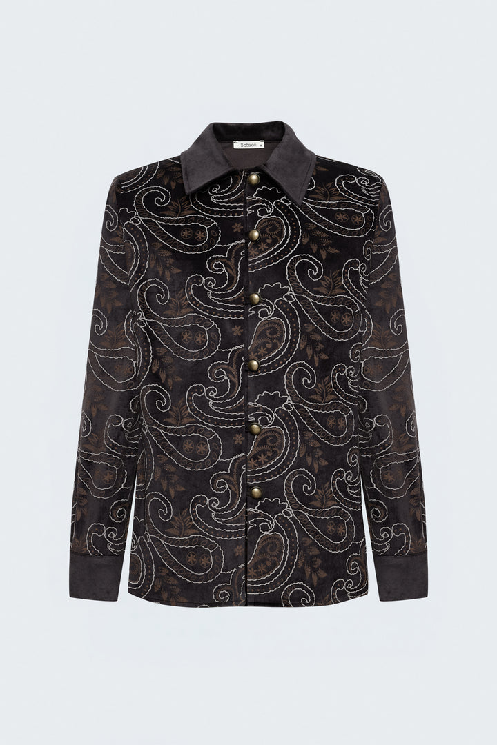 Sateen Chemise en Suède à Apparence Brodée - Marron foncé